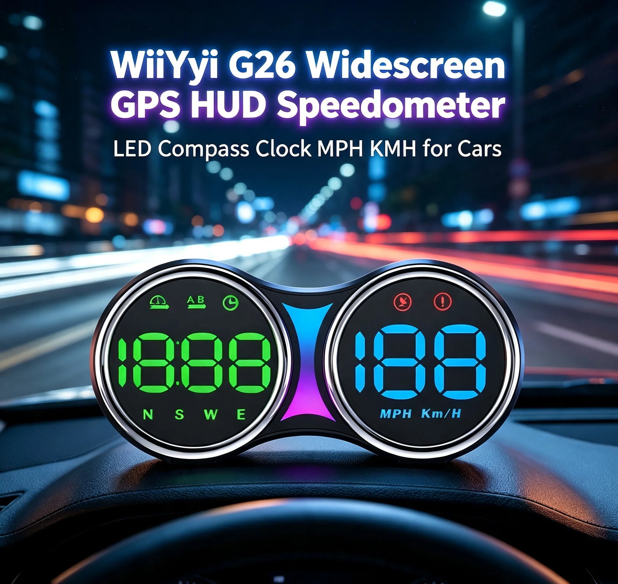 Multi-color To Switch Dual-Screen GPS USB-C Automatic Light-sensing HUD with Ambient Light Driving Mileage, Speed, Time,Compass