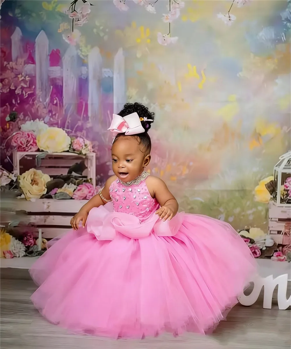 Robe de mariée de luxe rose à fleurs pour filles, sans manches, à paillettes, pour petite fille, soirée d'anniversaire, robe de sainte Communion personnalisée