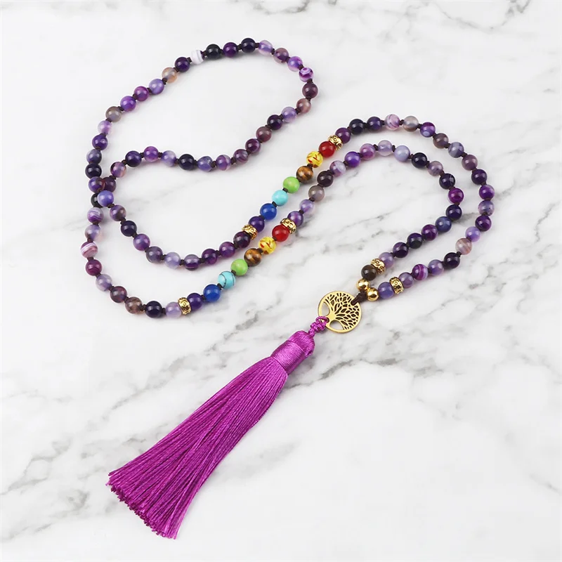 Natural Purple Agates Stone Necklace For Women Girls 7 Chakra Reiki 108 Japamala Mala Beads Knotted Tassel Long Necklace Jewelry