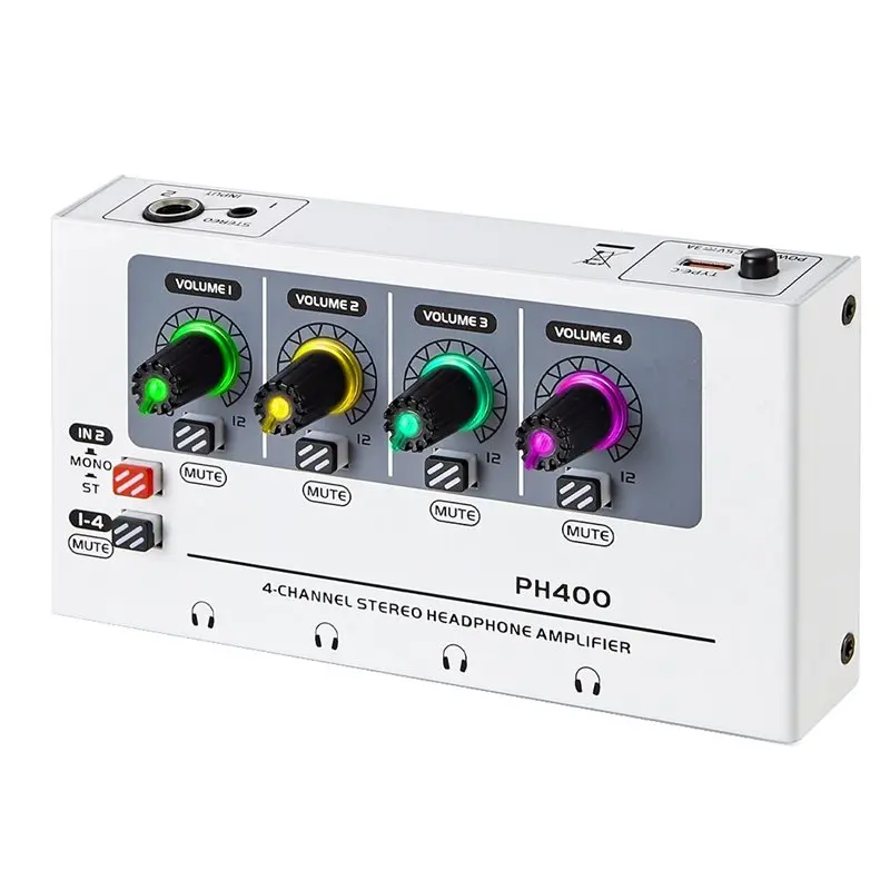 B92B-RGB Lighting Effect Distribution System Maximum Push 600 Ohm Headphones Compatible 4-Channel Stereo Headphone Amplifier PH4