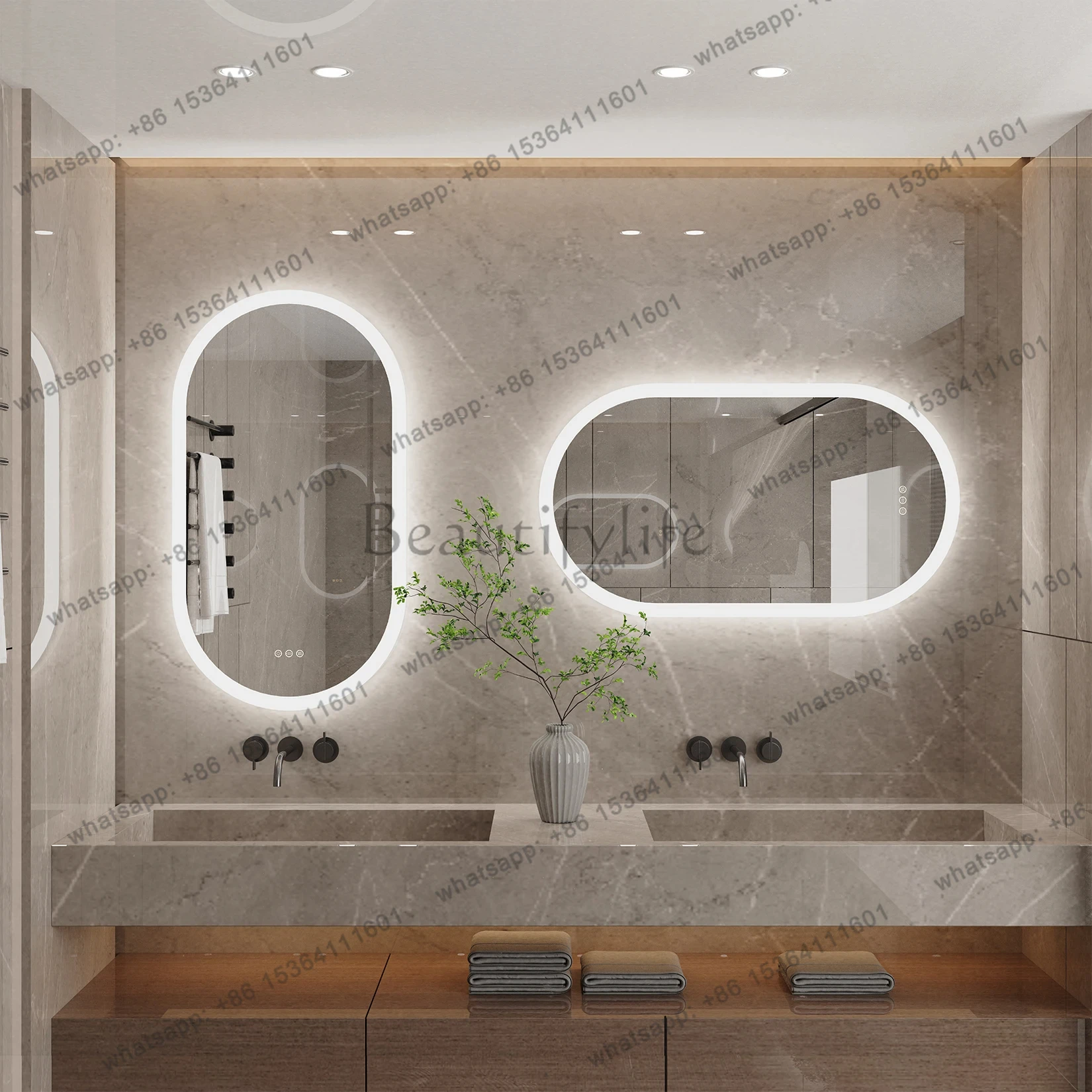 Slanted Basin Bathroom Vanity Set with Integrated Stone Slab Single/Dual Basin Sink Modern Bathroom Furniture