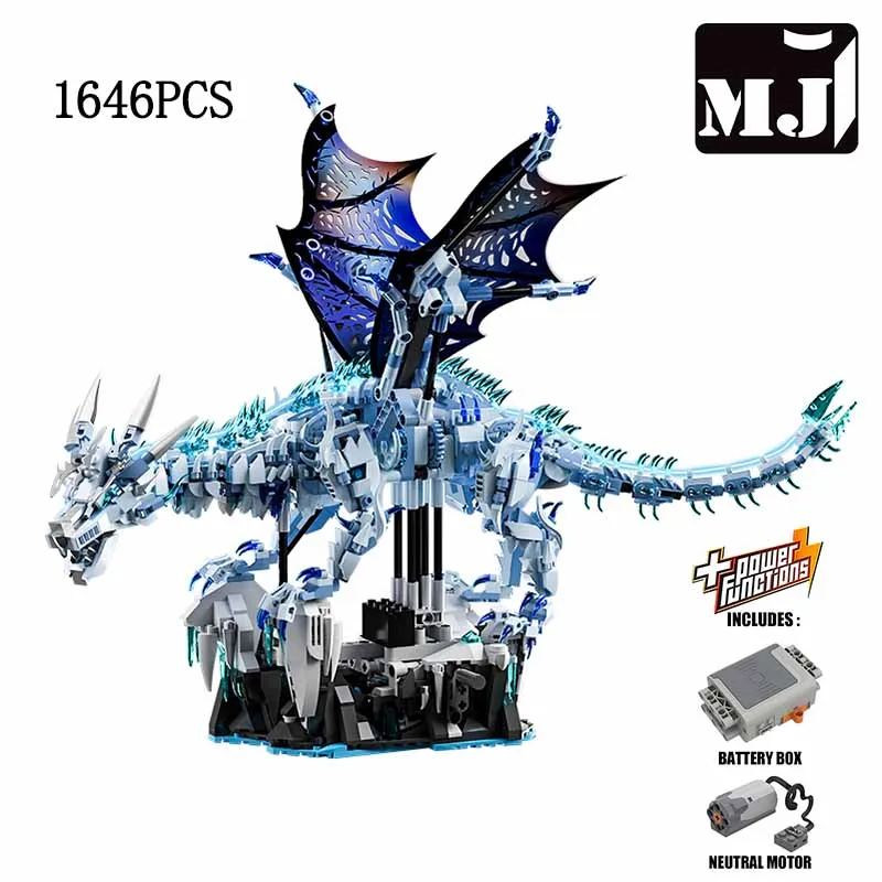 MJ BLOCK 1646-teiliger Großer Eisdrachen-Bausatz Tiermodell Feuer-Speiender Drache Bausteine Desktop-Dekoration Spielzeug für Kinder Geschenke