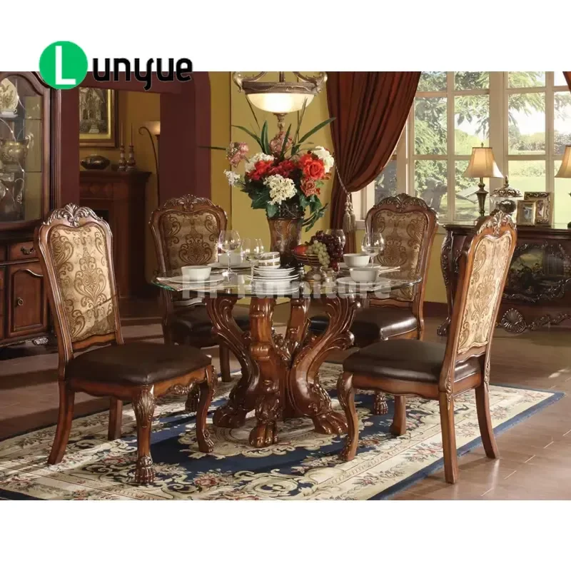 American Style Carved Wood Dining Table Set with Glass Top Antique Small Round Kitchen Furniture for Apartment Compact Space