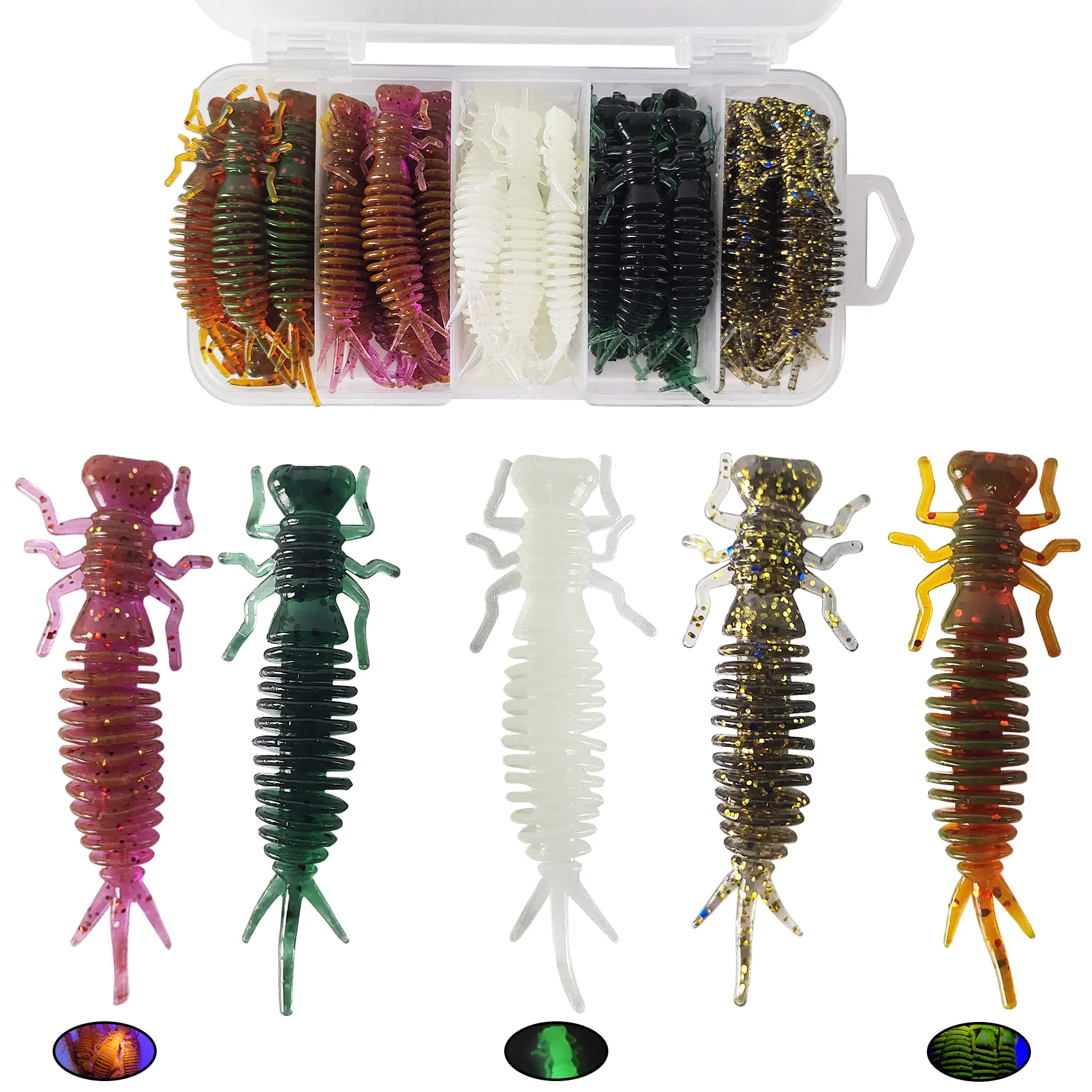 Eupheng 50 señuelos blandos de larva, señuelos artificiales de pesca, cebos blandos, gusanos de pesca, señuelo de natación, gusano realista, jig