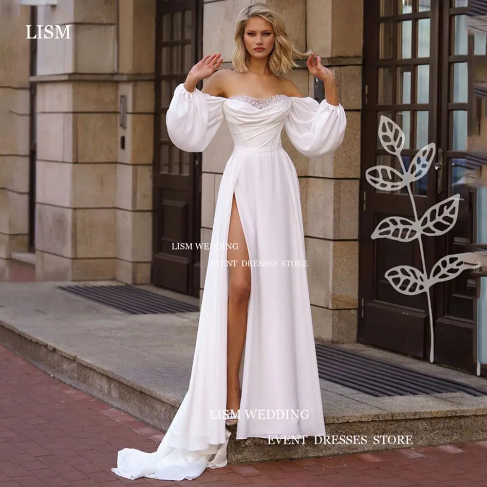 

LISM Elegant High Split Sweetheart Wedding Dress Puff Sleeve A Line Bridal Gown Court Train Robe De Mariage Custom Size 2024