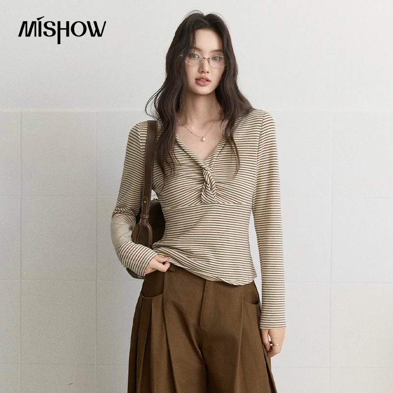 MISHOW Women's Striped Twist Front Long Sleeve T‑Shirt Autumn Korean V-neck Tees Slim Fashion Versatile Casual Top MXF44T3172