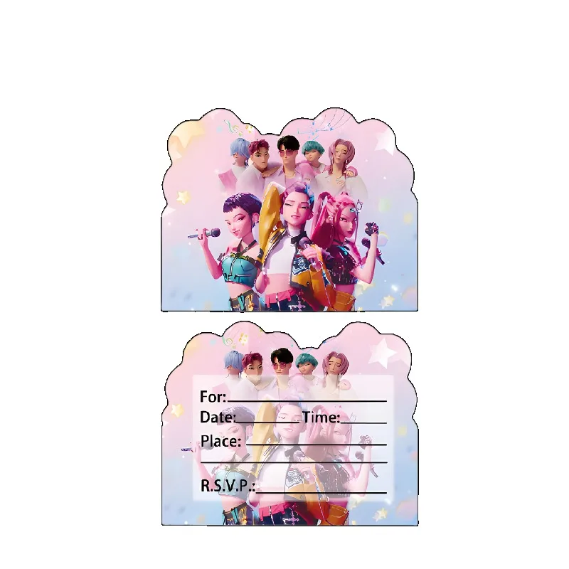 10PCS KPop Demon Hunters Birthday Invitation Card Cartoon Greeting Card Blessing Thank Envelope Postcard Paper Party Supplies