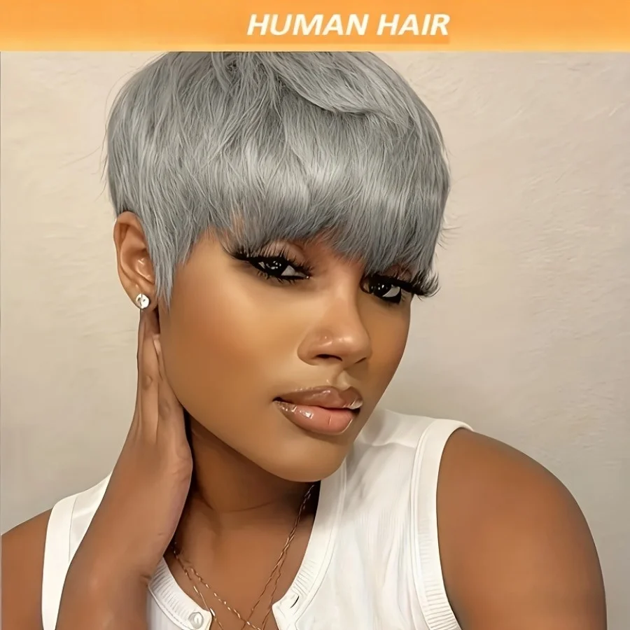 باروكة شعر بشري برازيلي رمادي للنساء - شعر مستعار مصنوع آليًا بالكامل قصير ومستقيم الطبقات، مظهر طبيعي بموجات ناعمة #2