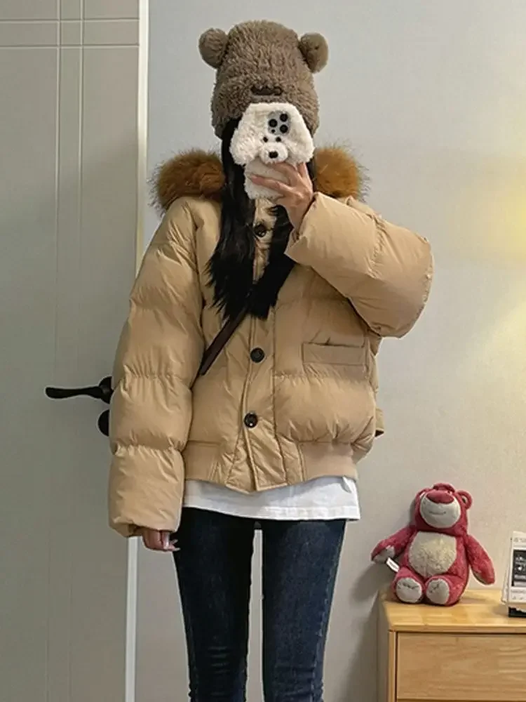 Loose 2025 Winter Oversize Down Jacket Women Short Fur Collar South Korean Chic Cotton Padded Hoodie Thick Parkas