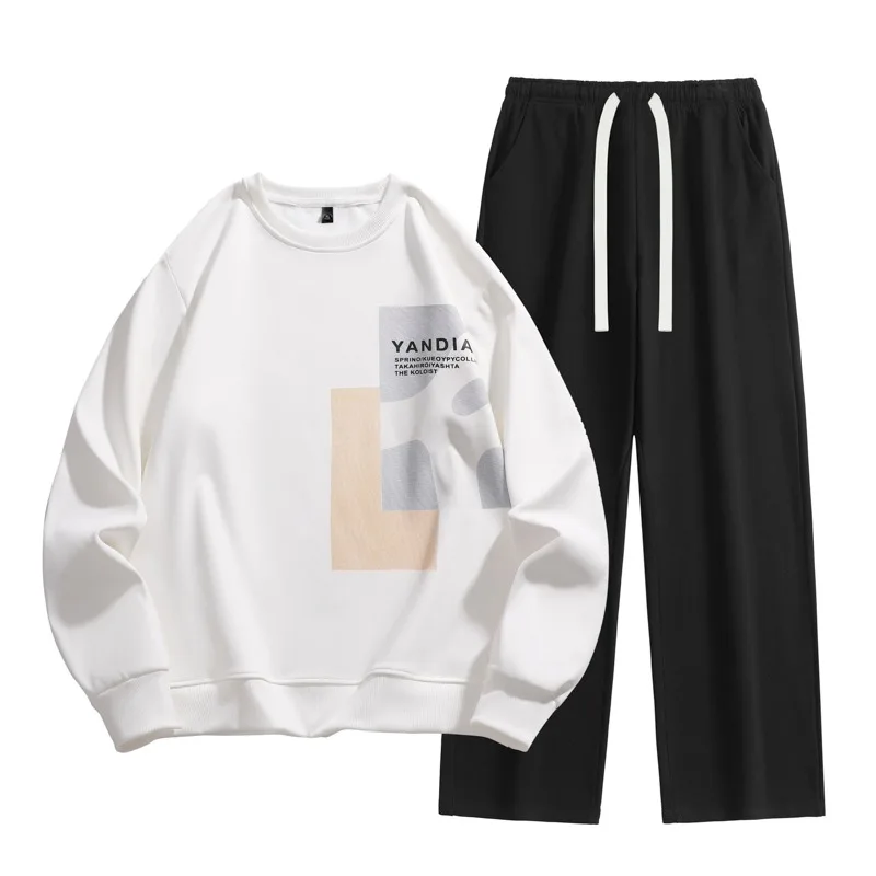 

Men Minimalist Geometric Print Crewneck Sweatshirt Drawstring Wide Leg Pants Autumn Winter Two Piece Set