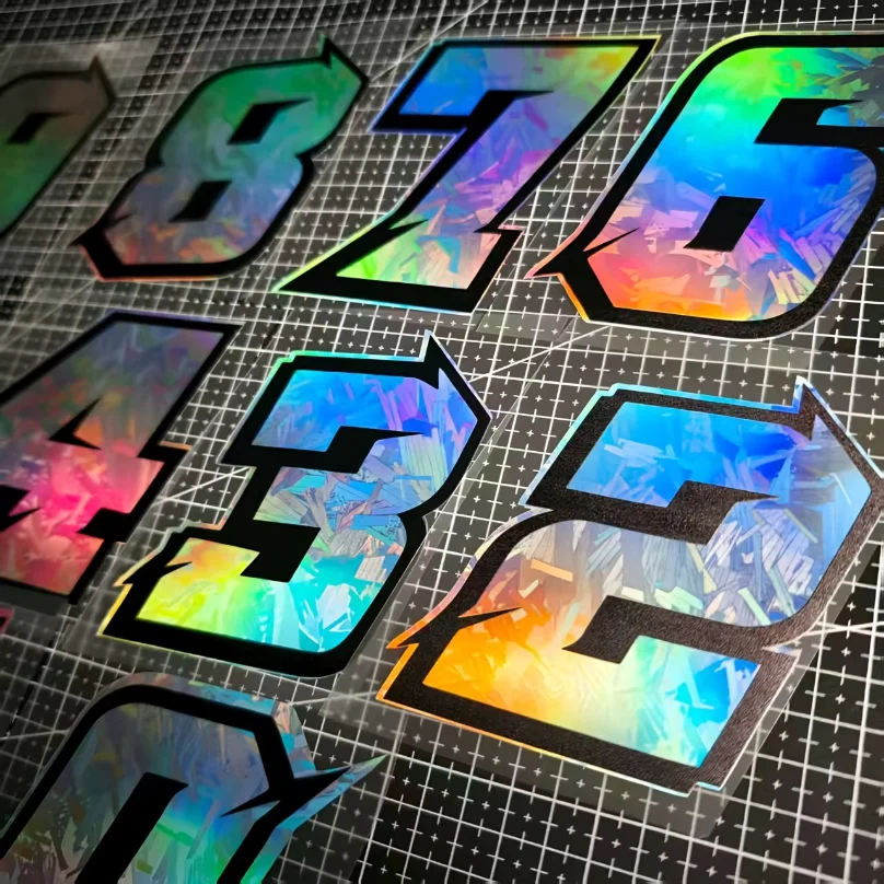 2pc Motorcycle Racing Number Stickers 0-9 - Iridescent Holographic Laser Effect, Waterproof