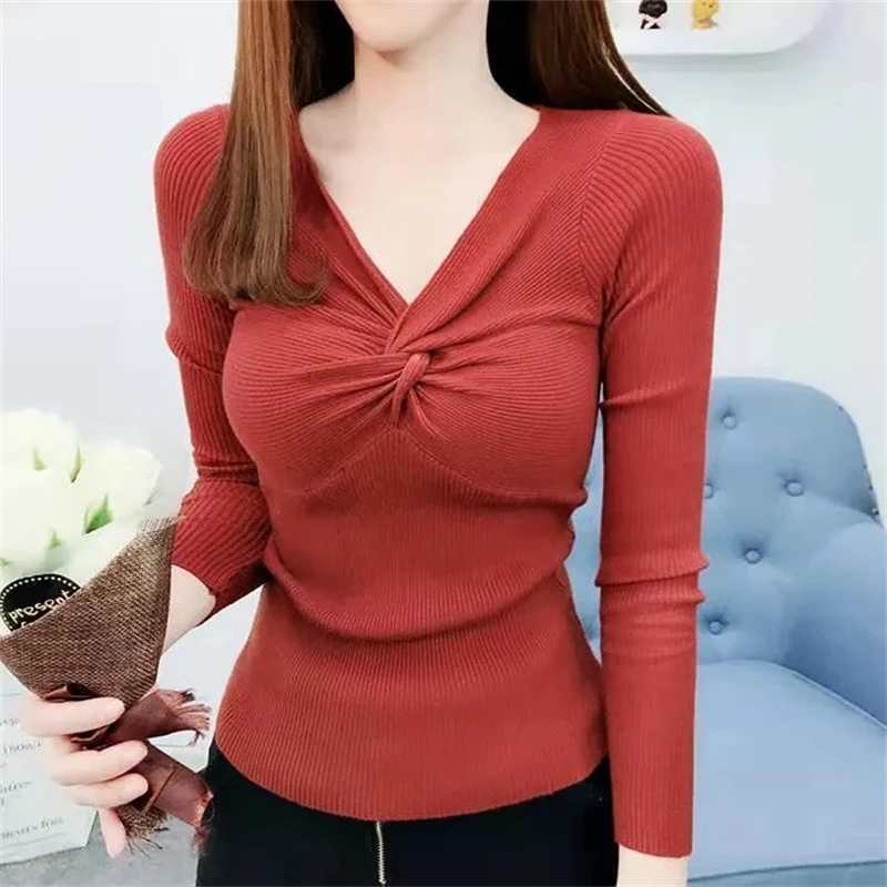 

Womens Sweaters Spring Autumn V-neck Knitted Pullovers Loose Bottoming Shirt Cashmere Fashion Jumper Solid Sweater