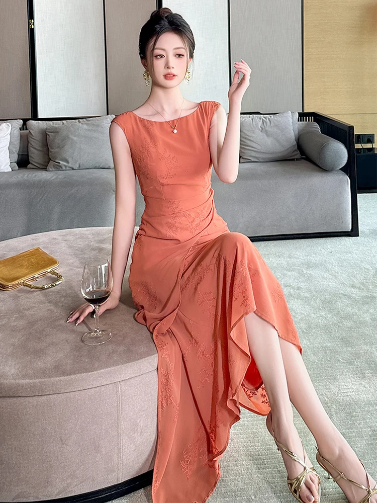 Summer Casual Chiffon Embroidery O-Neck Asymmetrical Long Dress Women Clothes Elegant Orange Sleeveless Slim Robe Party Vestidos