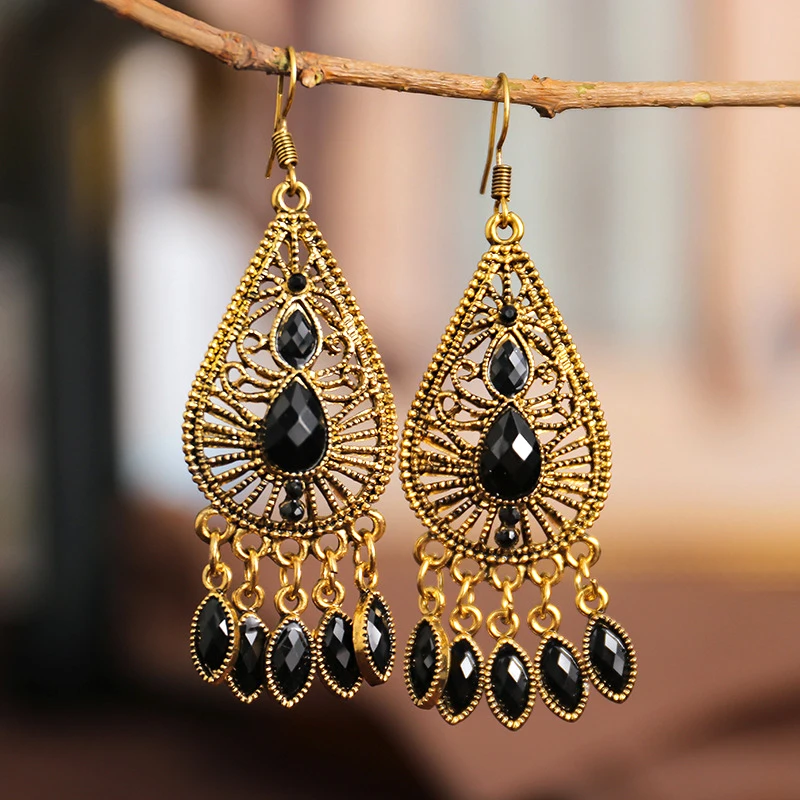 Black Ethnic Style Geometric Dangle Earrings for Women Retro Boho Long Acrylic Water Drop Earrings Female Jewelry