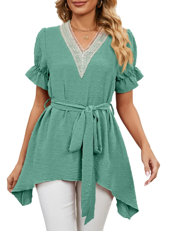 

Women Short Sleeve Solid V-Neck Poylester Tunic Tops with Waistband