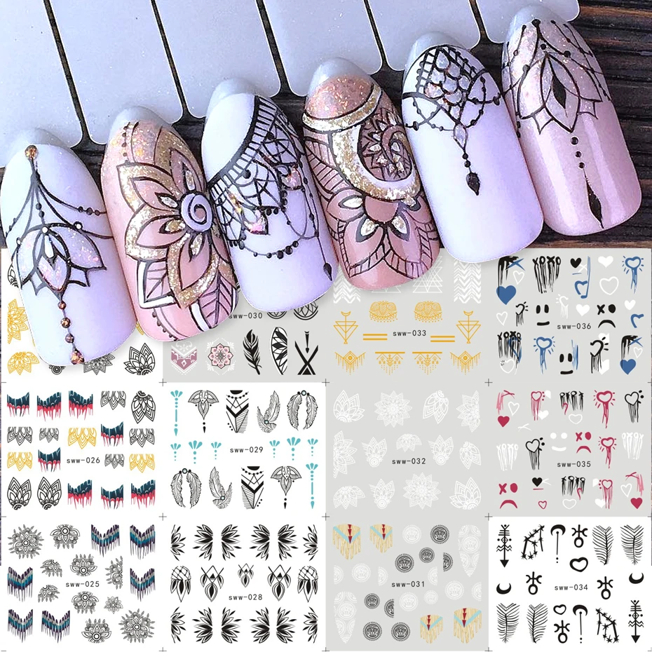 12 Designs Mandala Flowers Nail Water Sliders Black White Lace Line Design Tribal Totem Decals Charms Manicure Watermark Sticker