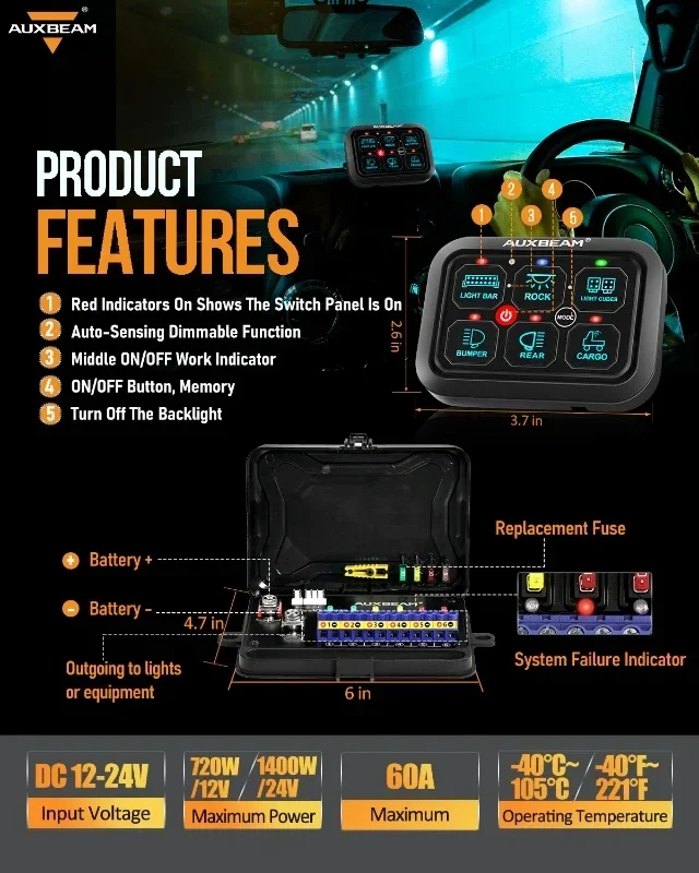 RA60 RGB 6 Gangs Switch Panel Bluetooth APP Control DIY Switch Controller Toggle/Momentary/Pulsed Mode Supported For SUV Boat