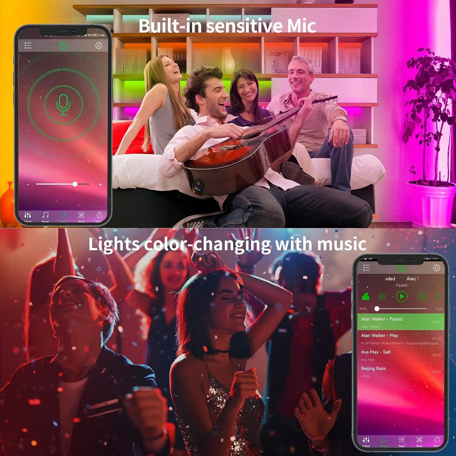 Luzes LED Strip com Music Sync Color Change, RGB 5050, Controle Inteligente App, Fita Flexível, Diodo para Sala de TV, Decoração de Festa, 5V, 1 m-40m