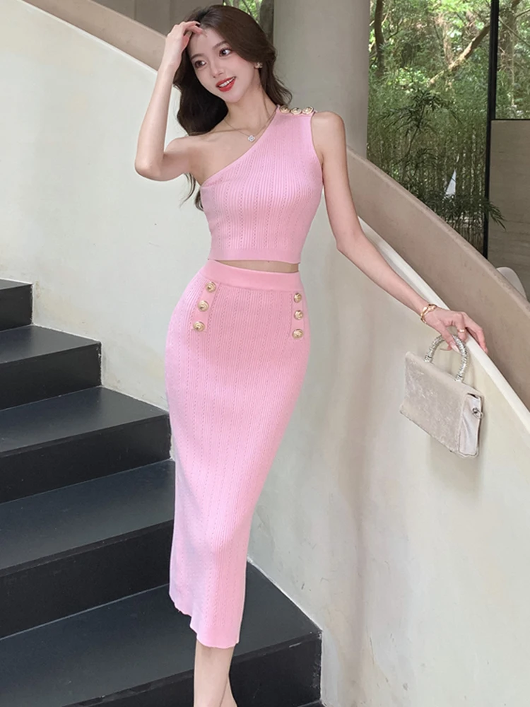 Korean Fashion Summer Pink Knitting 2 Piece Set Women Sexy One Shoulder Slim Vest Crop Tops +High Waist Bodycon Long Skirt Suit