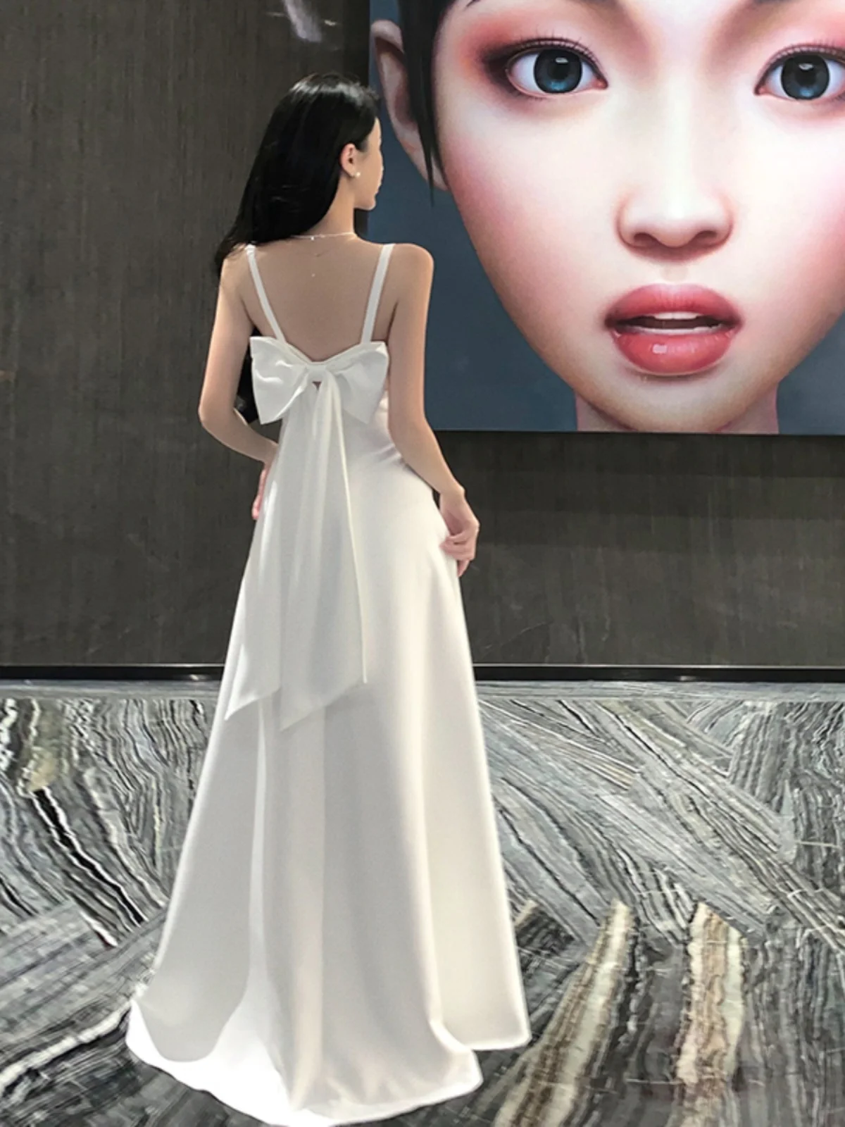 White Evening dress French sle Sling Dress Sexy V-neck Backless Long dress Temperament Slimming Seaside Beach Skirt