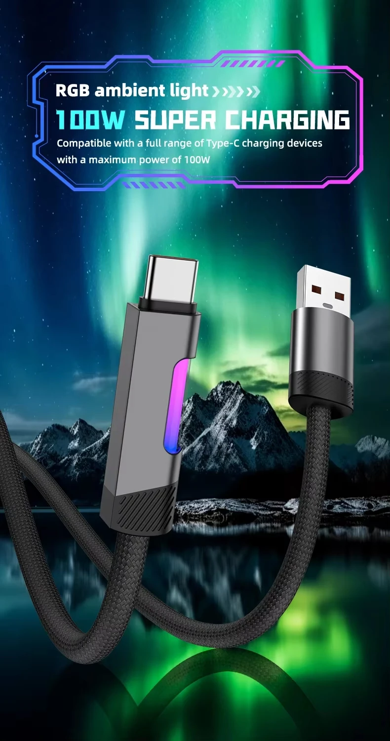 NNBILI NEW RGB Fast Charging Cable 100W A-C and 60W C-C Charging Cable Fast Charging Cable, for Xiaomi Huawei OPPO Oneplus Cable