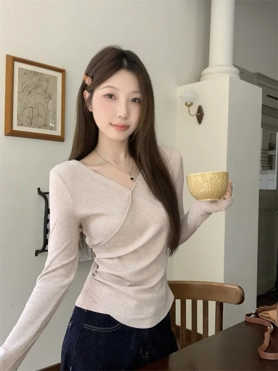 

Женская футболка больших размеров с длинным рукавом и V-образным вырезом, осенне-зимняя, утягивающая, базовая, модная, для повседневной носки, с высокой талией