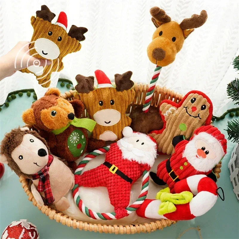Weihnachten Hund Kauen Plüschtier - Santa Elch Lebkuchenmann Donut Cartoon Serie, Quietschgeräusch Haustierspielzeug geeignet für Hunde und Katzen