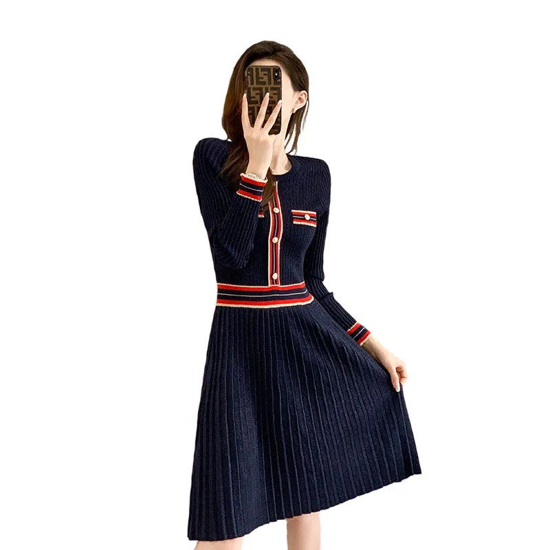 French Elegant Women's O Neck Pullover Knitted Dress Autumn New Fashion Patchwork High Waist Slim Midi Party Vestido