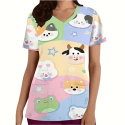 Women's Medical Uniforms Animal Cartoon Pattern Tee Fashion Patch Pocket Short Sleeve Tops Casual V-Neck Vet Nurse Uniform Woman