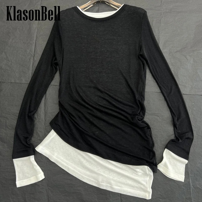 

11.7 KlasonBell Fashion Contrast Color Spliced Wool Knit Fake Two Piece Long Sleeve Subcoating Knitwear Sweater Women