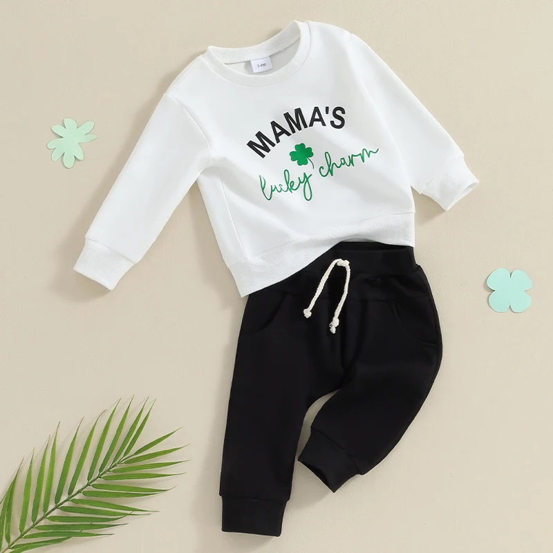 Baby Boy Autumn Outfit Crew Neck Sweater with Printed Letters Adjustable Waist Trousers for Toddler Boys 2-Piece Set