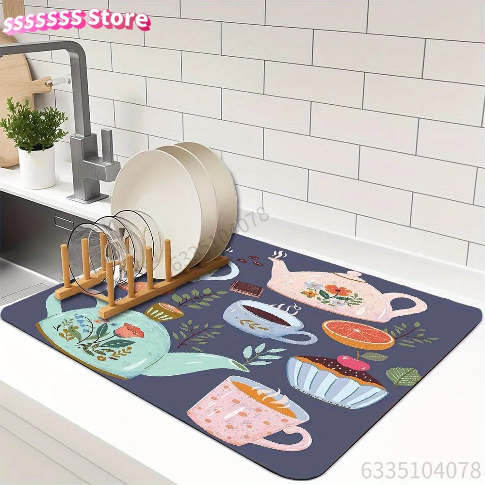 Dish Drying Mat Featuring a Charming Tea Time Design, a Cute Coffee Machine Mat That Dries Quickly, Heat-Resistant for Kitchen