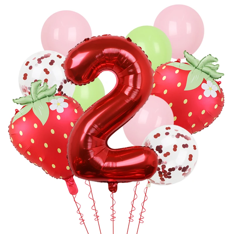 1 Satz 32 Zoll 1–9 Jahre altes digitales Aluminiumfolien-Ballon-Set mit Erdbeere und roten Punkten, geeignet für Geburtstagsfeier-Babyshower – Detail 2