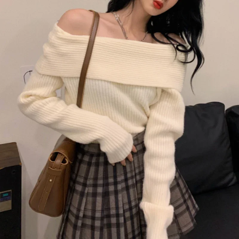 

Модный пуловер с открытыми плечами, вязаный женский свитер, новый повседневный облегающий свитер с длинным рукавом, элегантный топ, базовая однотонная футболка, одежда