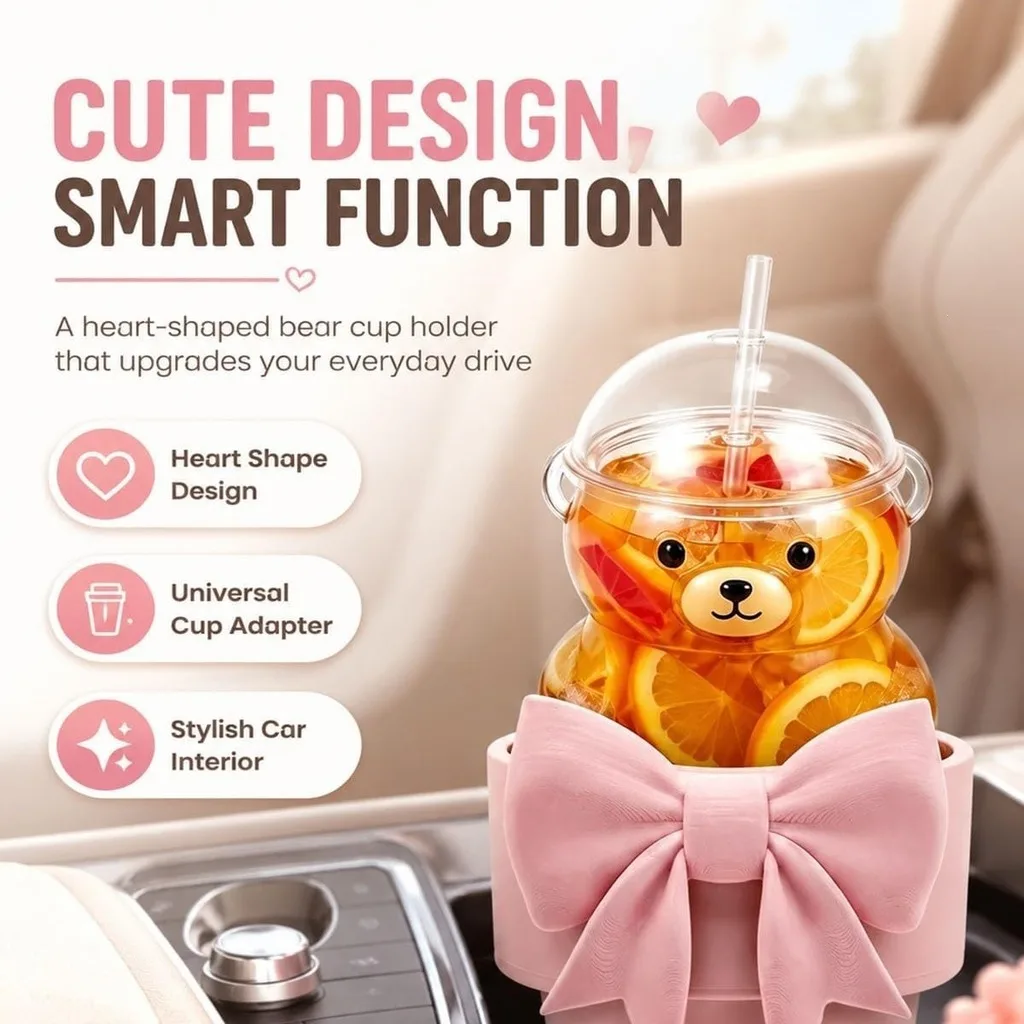 Cute Heart-shaped Bear Car Drink Holder, Universal Bow Decor Vehicle Cup Holder, Waterproof Anti-tipping Coffee Cup Organizer