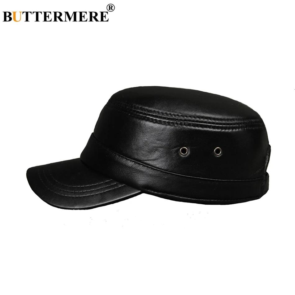 BUTTERMERE Men Military Hat Black Genuine Leather Flat Cap Beret Male Vintage Adjustable Army Cap Ivy Casual Autumn Captain Hat