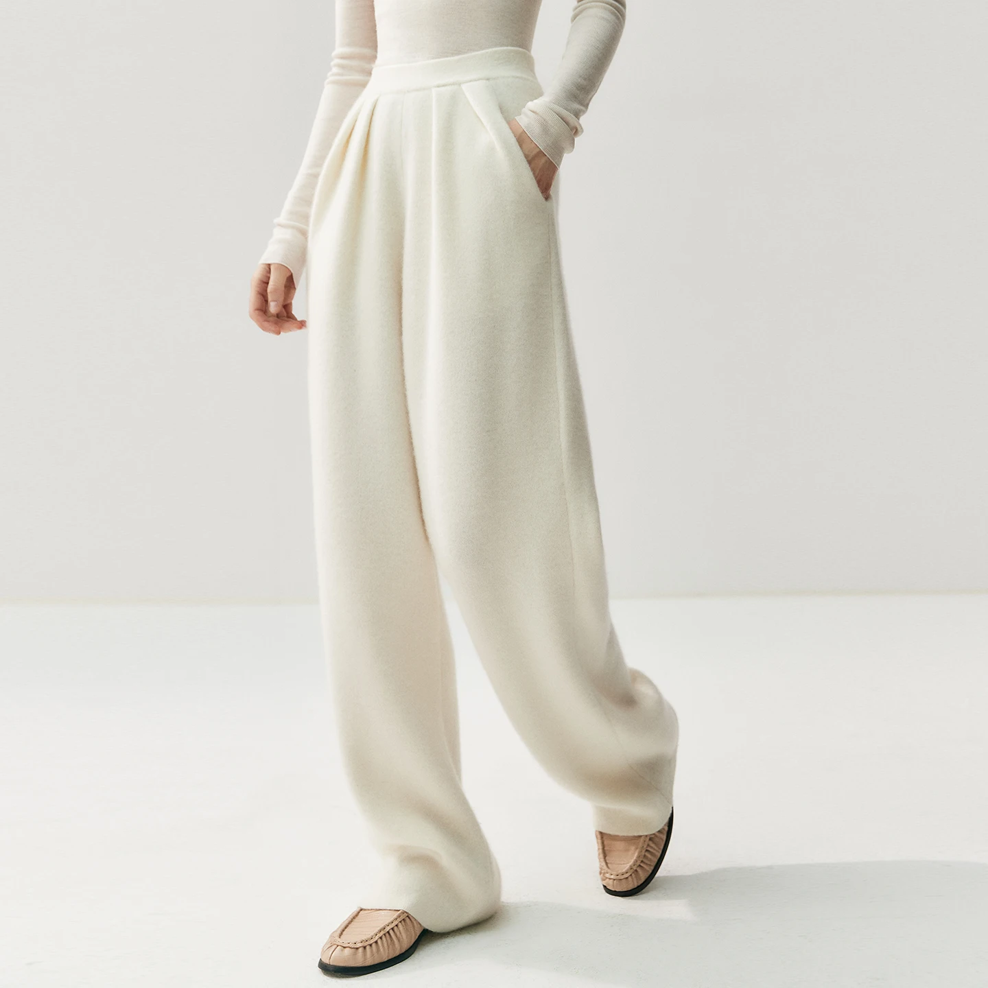 ANGEL High-end Women's 100% Cashmere Pants Pleated Waist Wide Leg Pants Casual Simple Autumn Winter Cashmere Knit Loose Trousers