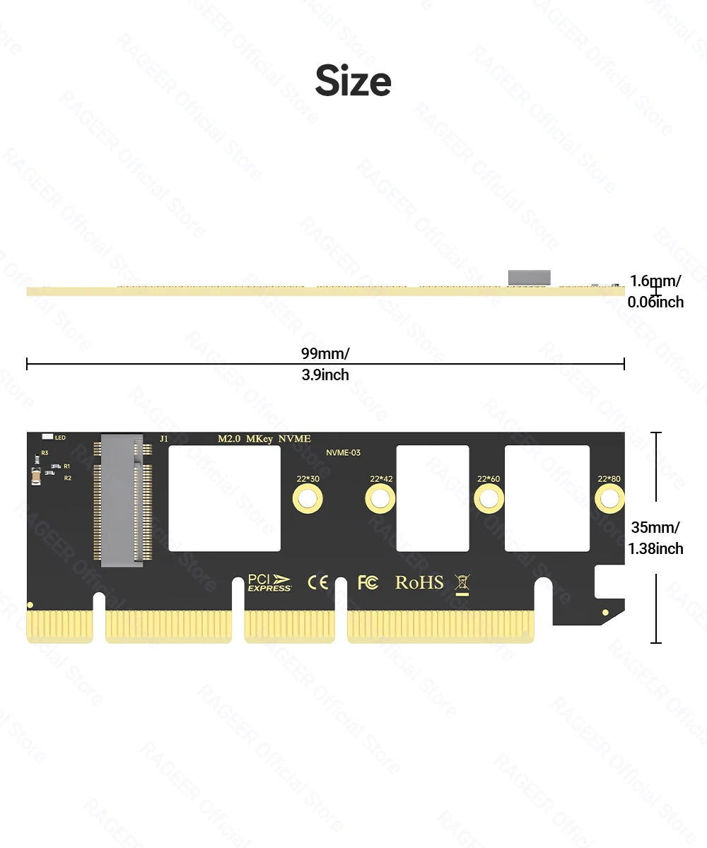 RAGEER M.2 NVMe zu PCIe 4.0 x16 Adapterkarte unterstützt 4 TB SSD und 64 Gbit/s Geschwindigkeit, kompatibel mit 2280/60/42/30 NVMe SSDs – Detail 13