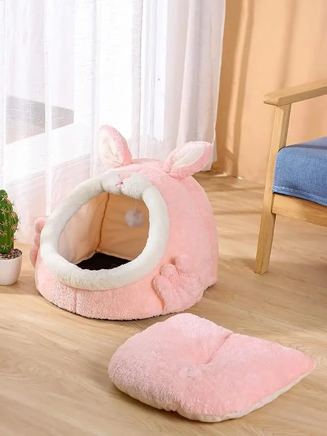 

Кровать для кошек для домашних кошек, палатка для кошек, плюшевый дом, дизайн кролика, кровать для котенка с помпоном, милая мягкая кошачья пещера