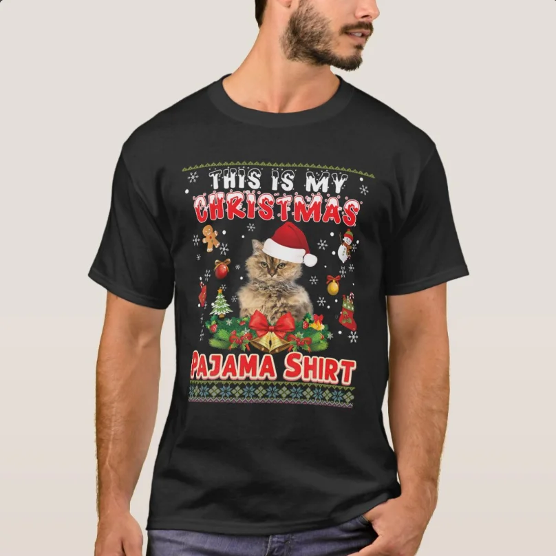 

This Is My Christmas Pajama Selkirk Rex Cat Ugly Christmas Sweater T-Shirt 100% Cotton O-Neck Short Sleeve Casual Mens T-shirt