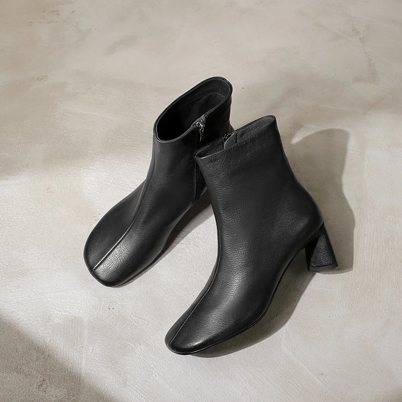 Genuine Leather Women Shoes Ankle Boots 2026 New Autumn Round Toe Boots High Chunky Heels Ladies Black Side Zipper Boots