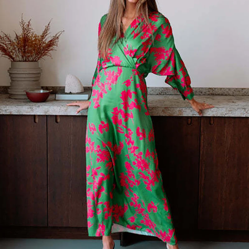 Abiti larghi streetwear casual Abito maxi da ufficio da donna con stampa floreale vintage Abiti bohémien a vita alta con scollo a V di nuova moda