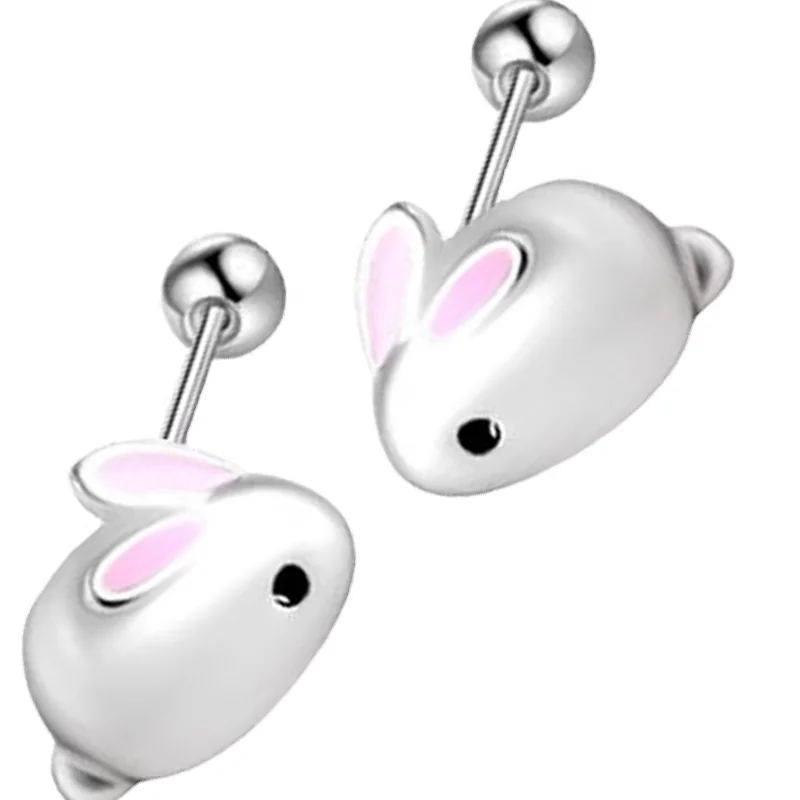 Rabbit Bead Screw Stud Earrings for Women Girls Minimalist Fine Jewelry 2026 Real 925 Sterling Silver Romantic