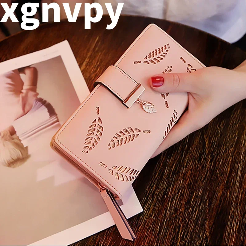 xgnvpy Women's Wallet PU Leather Long Purse Gold Hollow Leaf Pouch Handbag Coin Card Holder Clutch Bag for Females