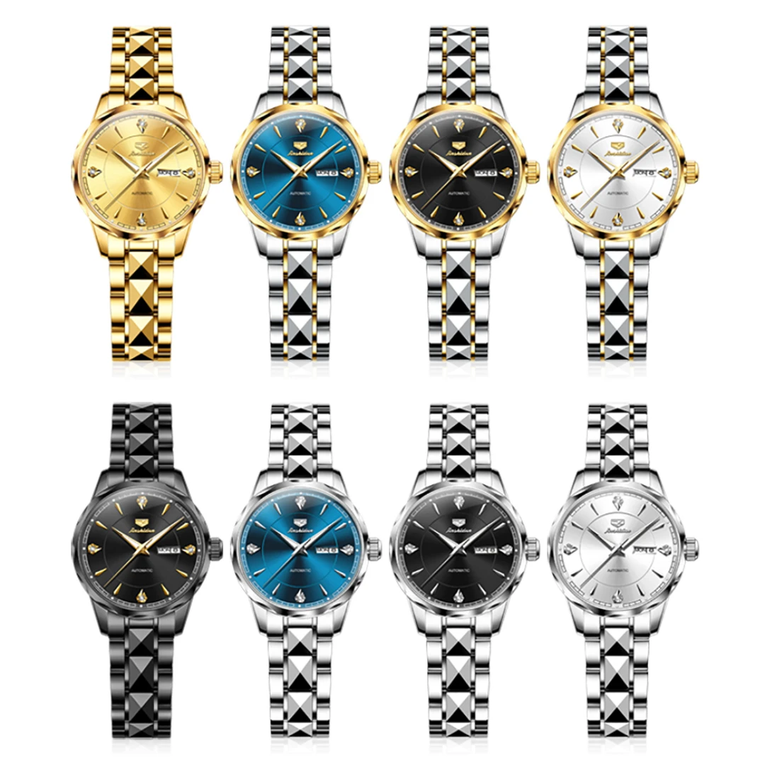 JSDUN 8975 Mechanical Fashion Watch Gift Stainless Steel Watchband Round-dial Wristwatch Week Display Calendar