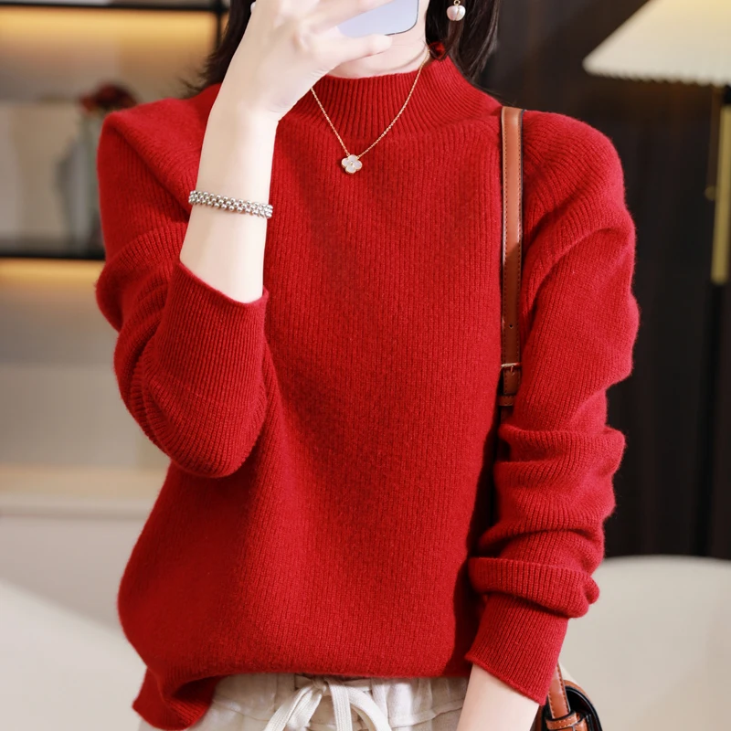 

2024 Autumn/Winter New Cashmere Sweater Women's 100% Merino Wool Knitted Sweater Half High Neck Loose Soft Pullover Long Sleeves