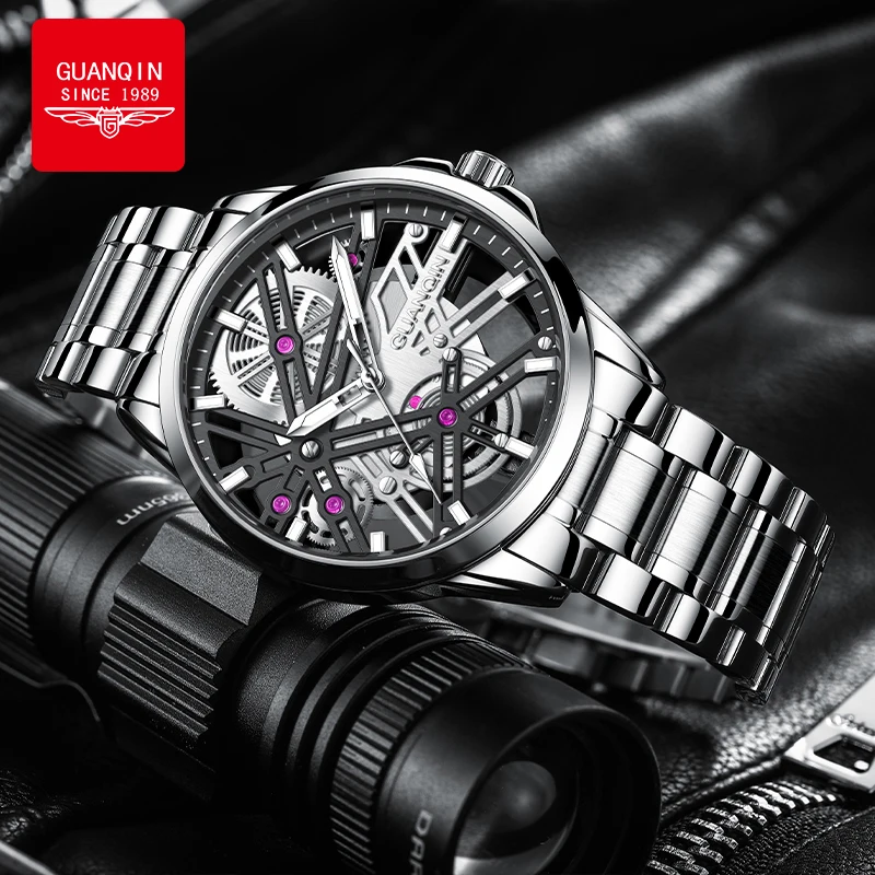 

GUANQIN Men's Watches Trend Luxury Hollow-out Dial 316l Fine Steel Strap Original Brand Wristwatch for Man Waterproof Luminous