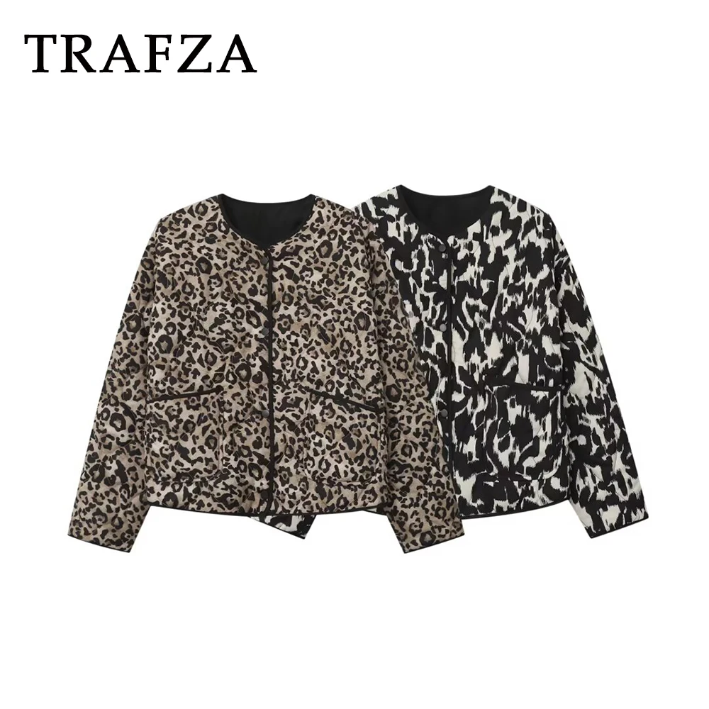 

TRAFZA Vintage Print Woman Autumn Jackets Fashion 2025 Streetwear Single Breasted Outwear O-Neck Leopard Chic Modern Female Coat