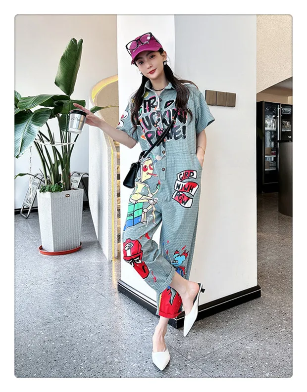 Fashion Plaid Jumpsuit Female 2024 Spring and Summer New High-Grade Loose Cartoon Letter Printed Harem Overalls for Women