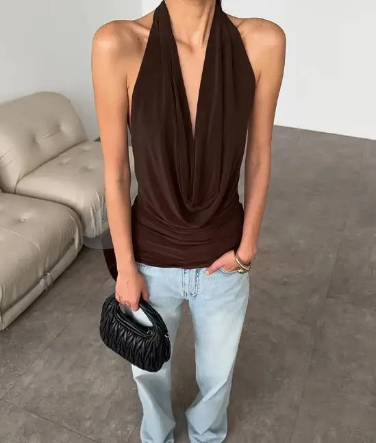 

Sexy low cut halter neck, sleeveless vest, women's niche slimming design top